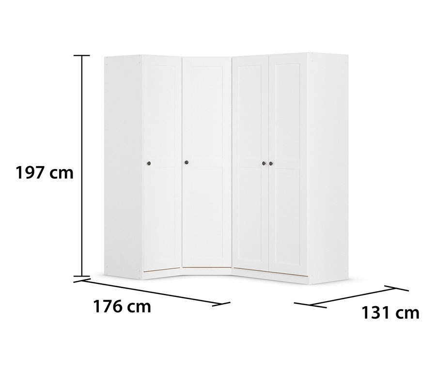 Weißer Eckkleiderschrank mit vier Türen und Maßangaben: 197 cm hoch, 176 cm breit und 131 cm tief.