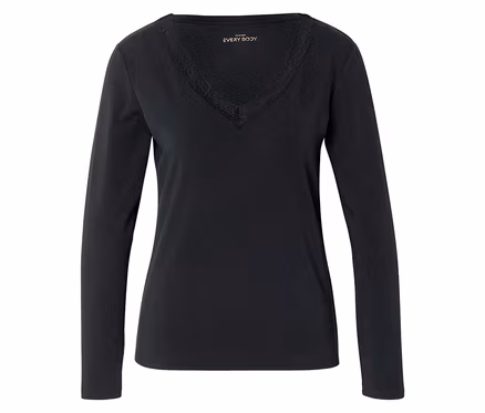 Schwarzes Langarmshirt mit V-Ausschnitt und Spitzenbesatz am Ausschnitt.
