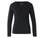 Schwarzes Langarmshirt mit V-Ausschnitt und Spitzenbesatz am Ausschnitt.