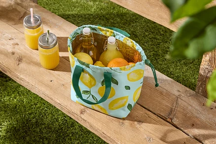 Zwei Getränke im Glas und eine Kühltasche mit Zitronenmuster, gefüllt mit Flaschen und Zitrusfrüchten, stehen auf einer Holzbank vor einem grünen Rasen.