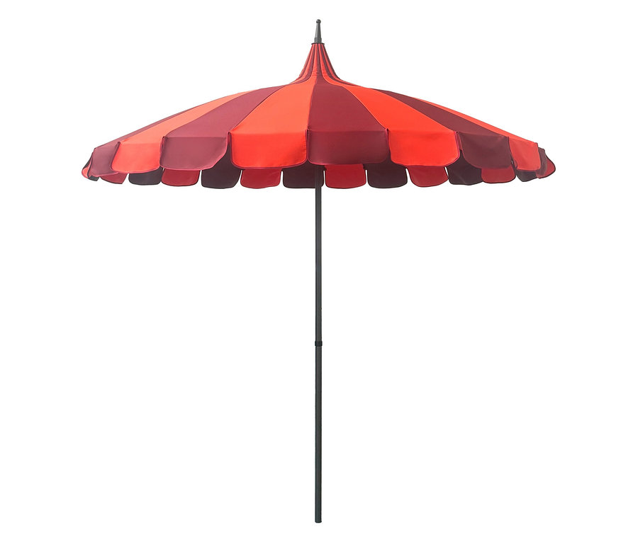 Leco Sonnenschirm, Ø 240 cm, mit roten und burgunderroten Streifen.