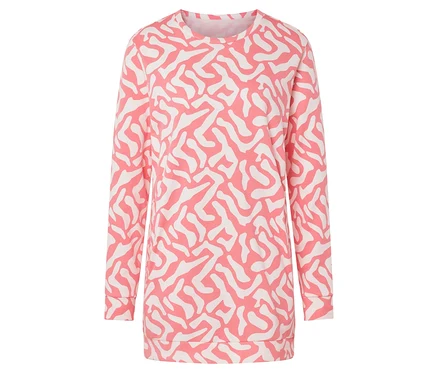 Langes Sweatshirt mit Alloverprint in Rosa und Weiß auf weißem Hintergrund.