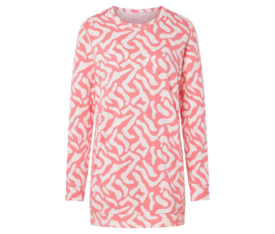 Langes Sweatshirt mit Alloverprint in Rosa und Weiß auf weißem Hintergrund.