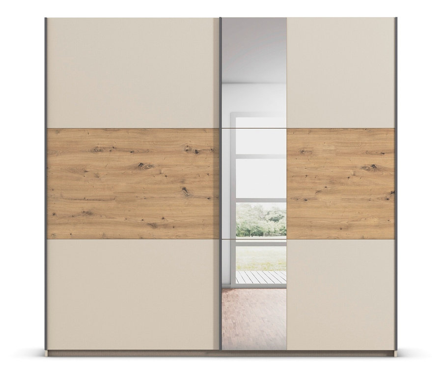 Quadratischer Schiebetürenschrank mit cremefarbenen und holzfarbenen Paneelen und einem Spiegel.