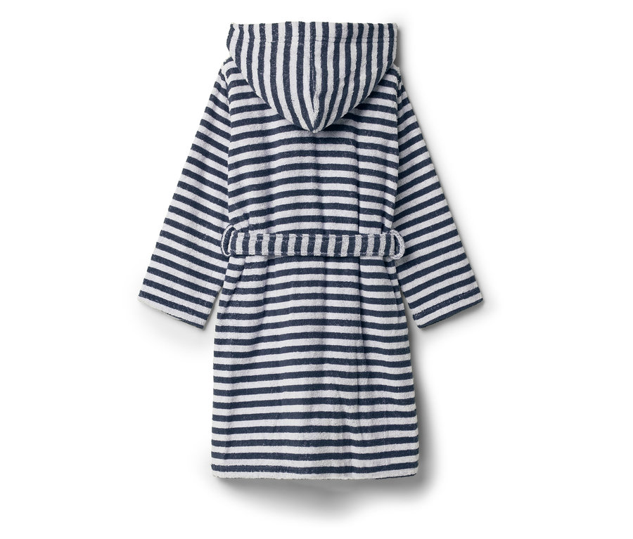Gestreifter Bademantel mit Kapuze und Gürtel.