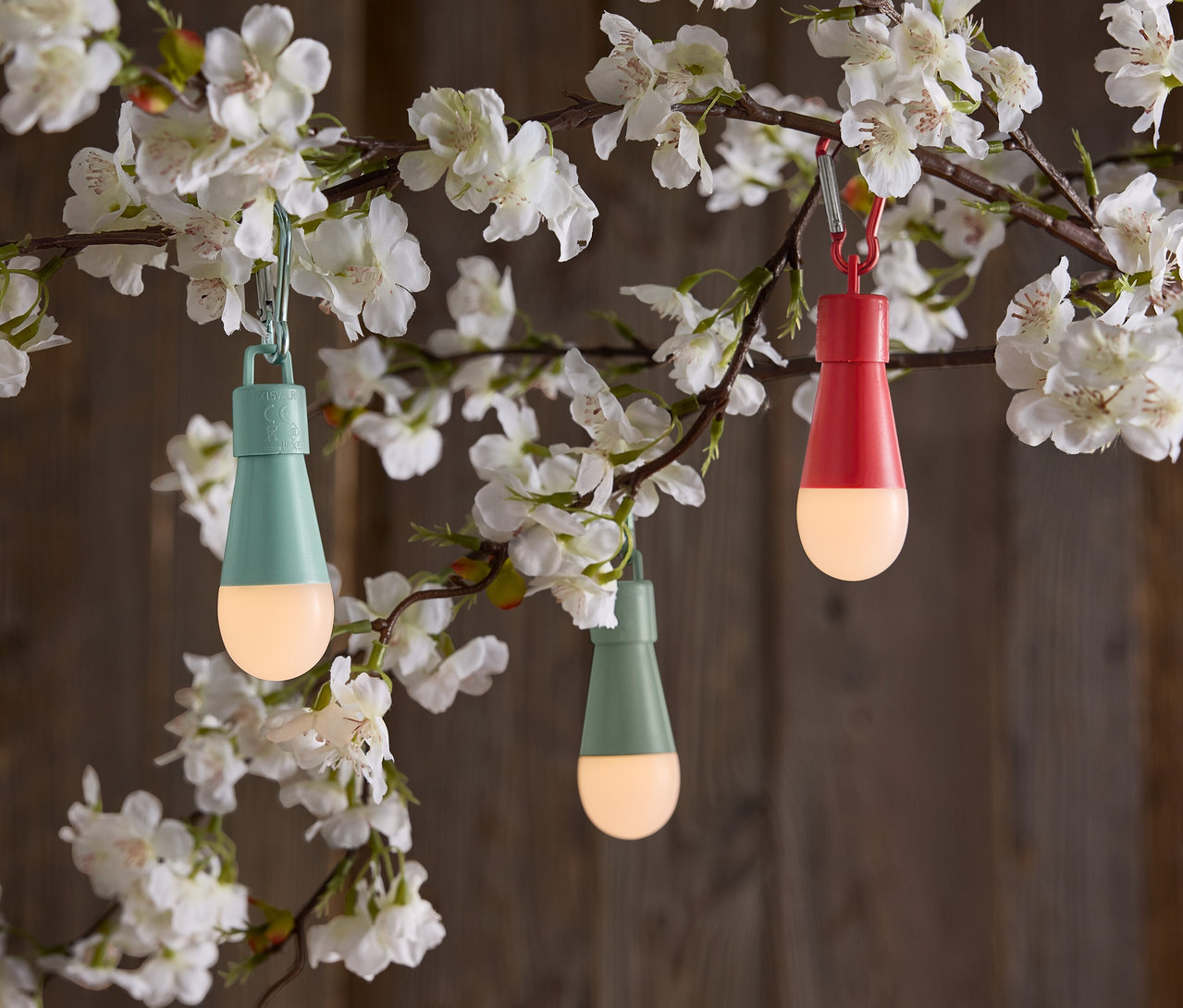 Drei tropfenförmige Lampen hängen an einem blühenden Ast.