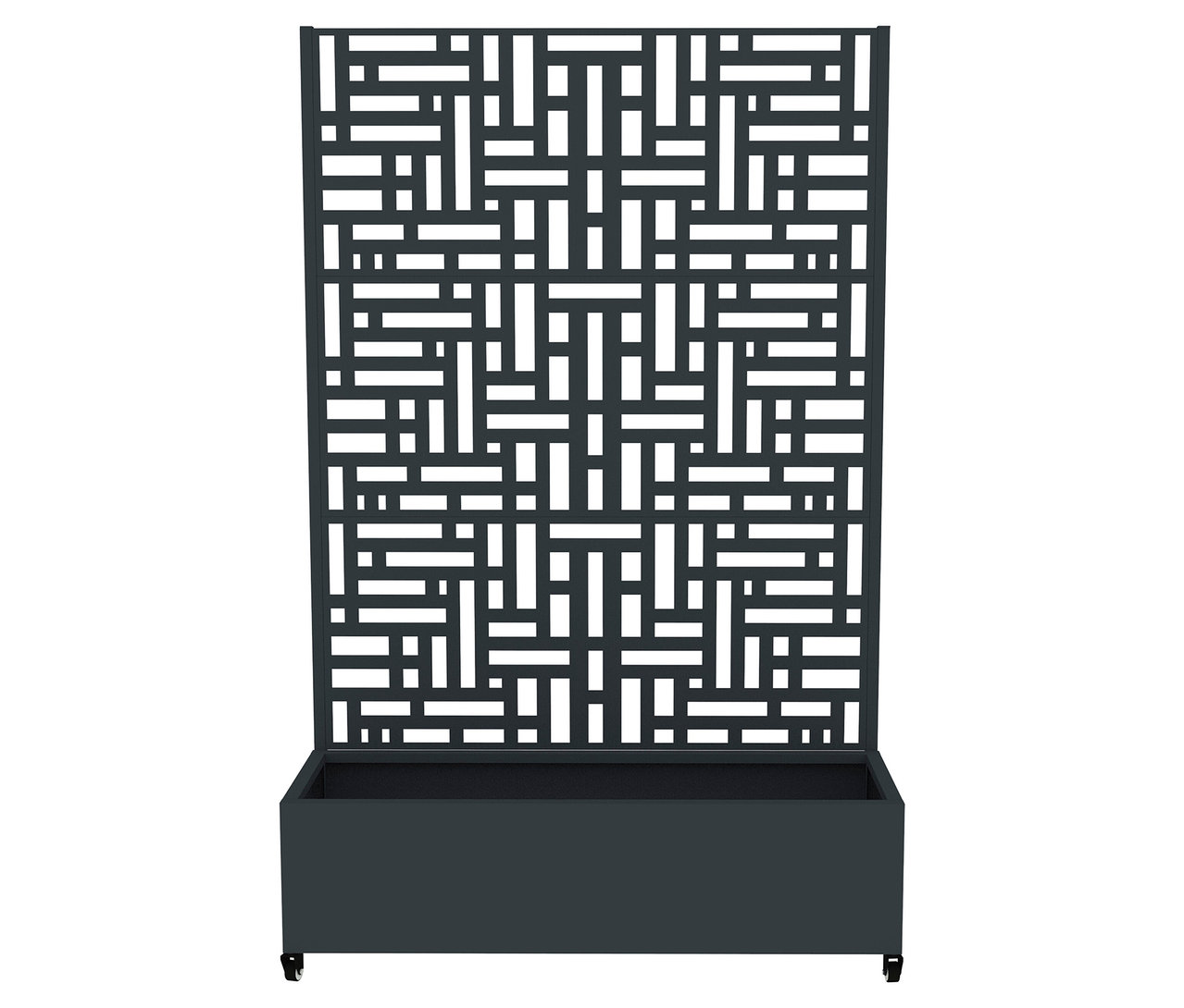 Dekorativer, dunkelgrauer Pflanzkasten mit Gittermuster.