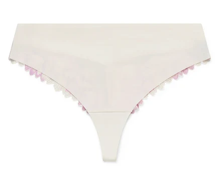 Weißer Tanga mit lila Details und weißer Spitze.