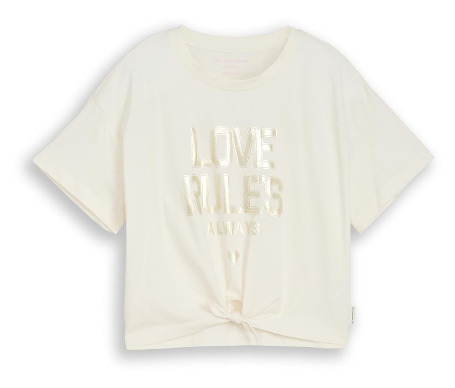 Ein cremefarbenes T-Shirt mit der Aufschrift "Love Rules Always" und einem Knoten vorne.