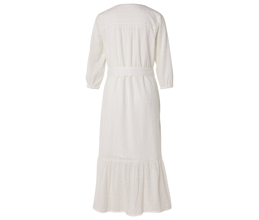 Rückansicht eines langen, weißen Kleides mit Gürtel und dreiviertellangen Ärmeln.