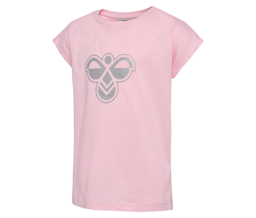 Rosa hummel® HMLJR Reg T-Shirt Big Bee mit silbernem Logo auf der Vorderseite.