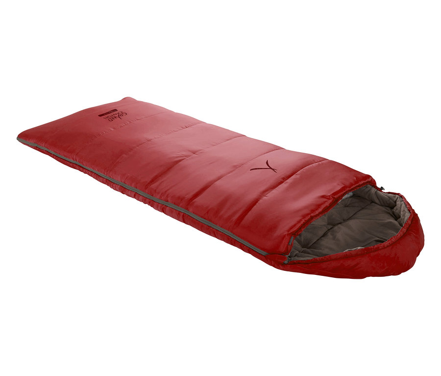 Geöffneter, roter Grand Canyon Kinder-Schlafsack »Utah 150« liegt auf dem Boden.