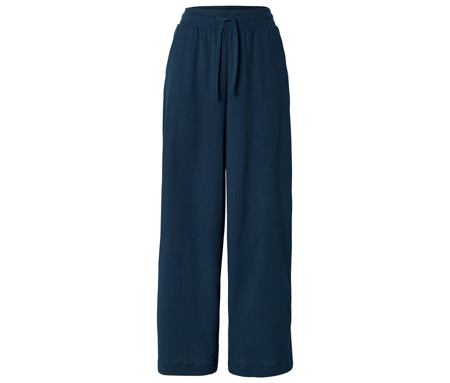 Marineblaue, weite Hose mit Kordelzug auf weißem Grund.
