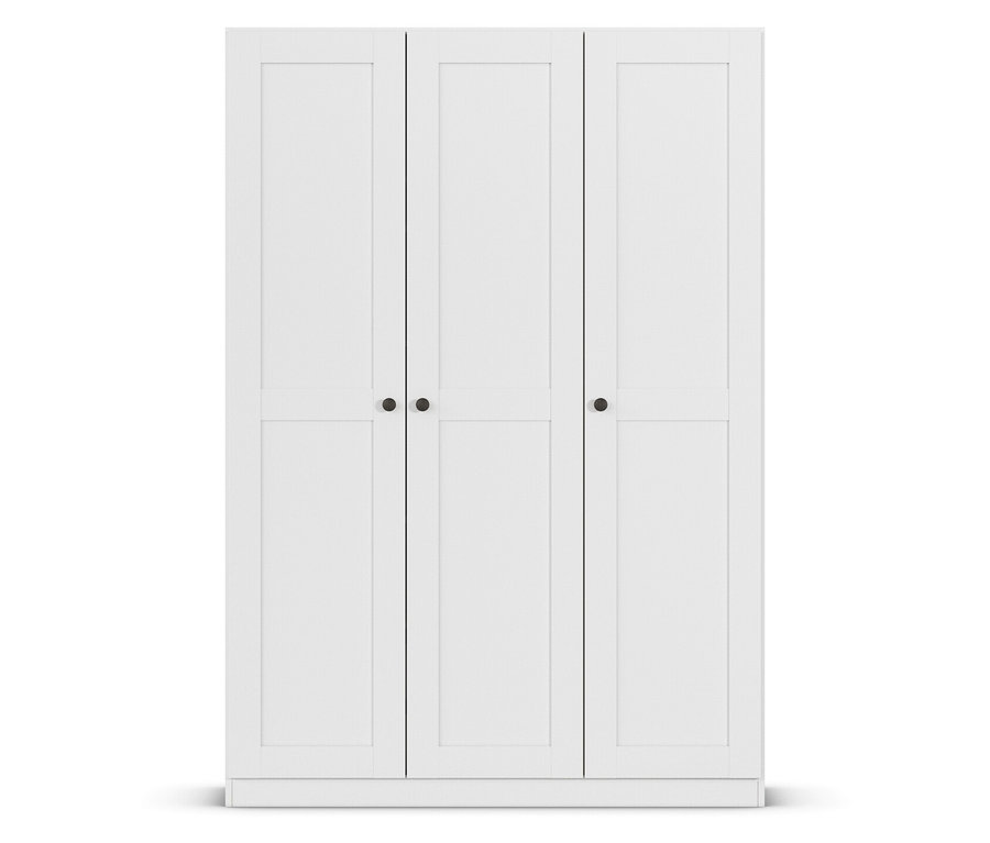 Weißer Kleiderschrank mit drei Türen und schwarzen runden Griffen.