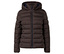 Eine gesteppte, braune Jacke mit Kapuze und einem Muster aus kleinen Rauten und Punkten ist mit einem Reißverschluss geschlossen.