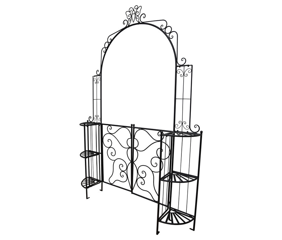 Schwarzer Metallbogen mit dekorativen Verzierungen und Regalen an den Seiten.