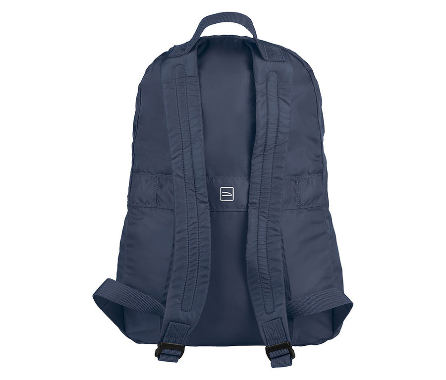 Rückansicht des blauen Tucano Rucksacks »Compatto Eco« mit Trägern und kleinem Logo.