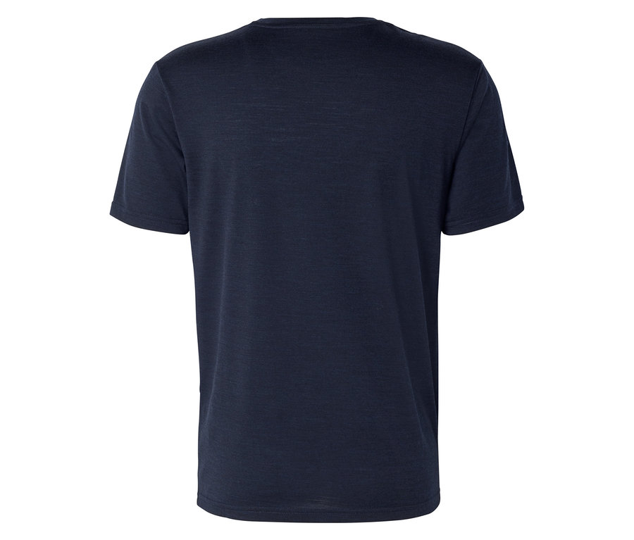 Dunkelblaues Kurzarm-T-Shirt, von hinten auf weißem Hintergrund gesehen.