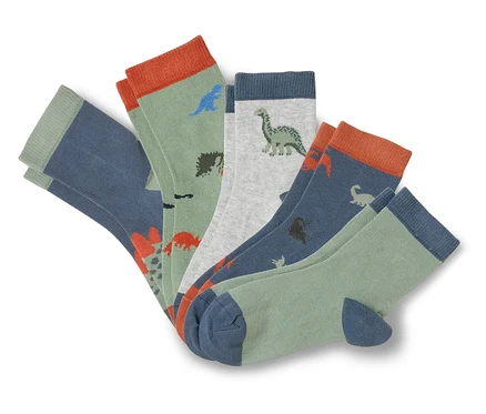 Fünf Sockenpaare liegen übereinander, mit Dinosaurier-Motiven in Grün, Grau und Blau.