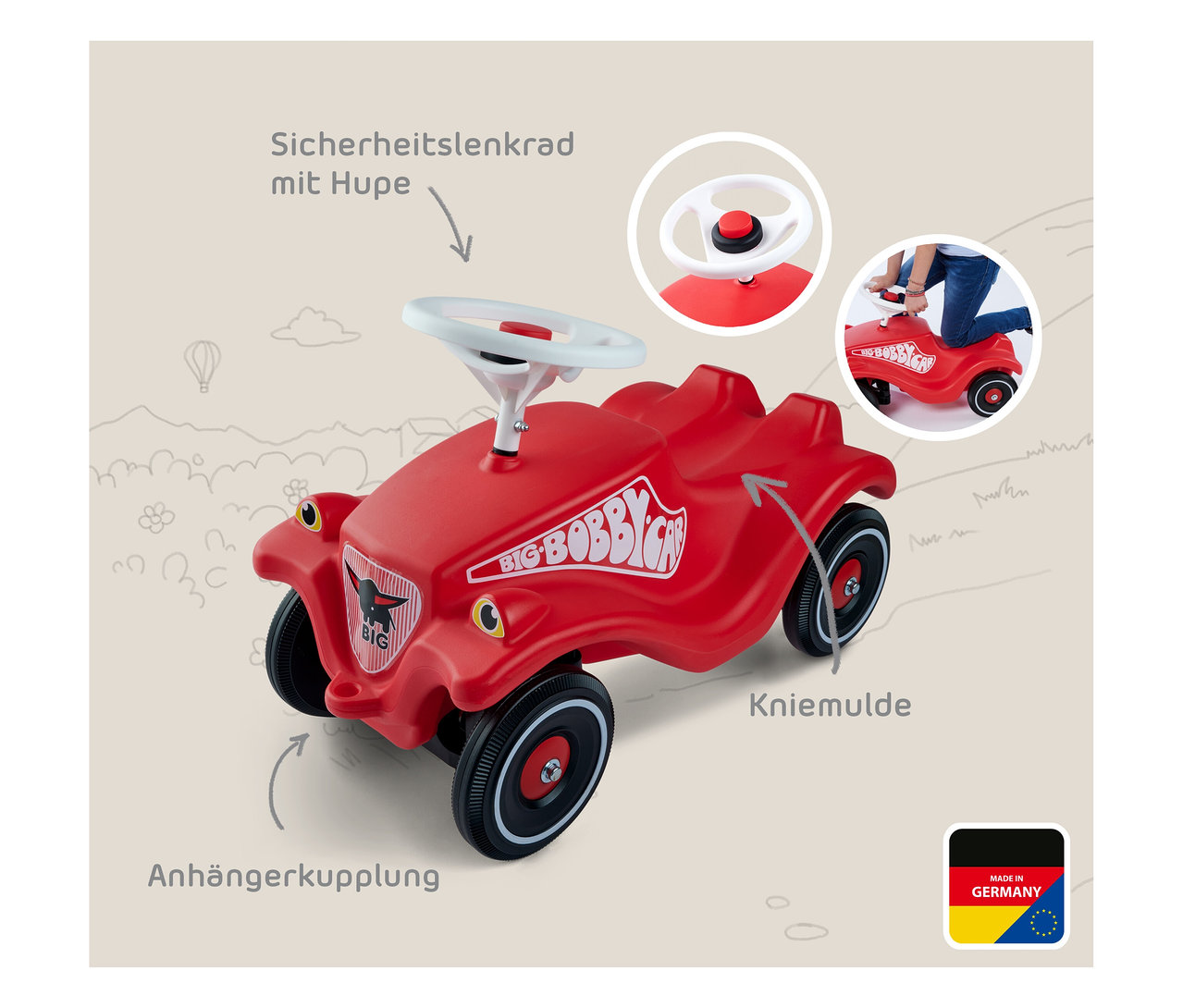 Roter BIG Bobby Car Classic mit weißem Lenkrad und schwarzen Reifen auf hellem Hintergrund.