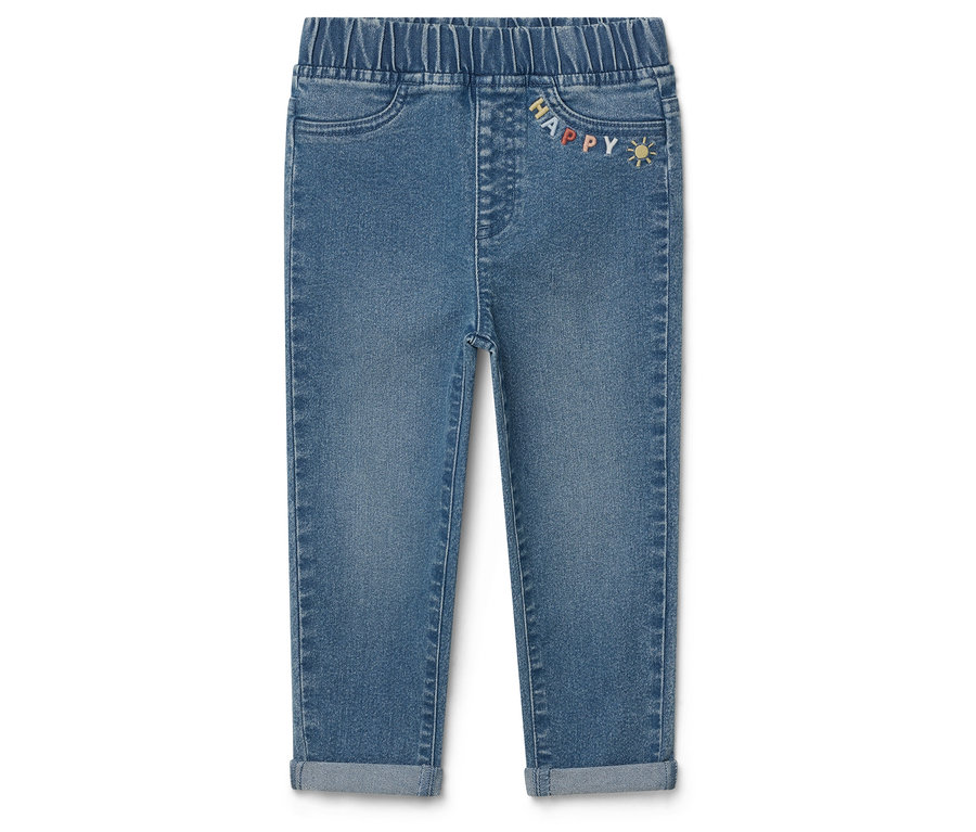 Blaue Jeans mit Gummibund und gesticktem "Happy"-Schriftzug.