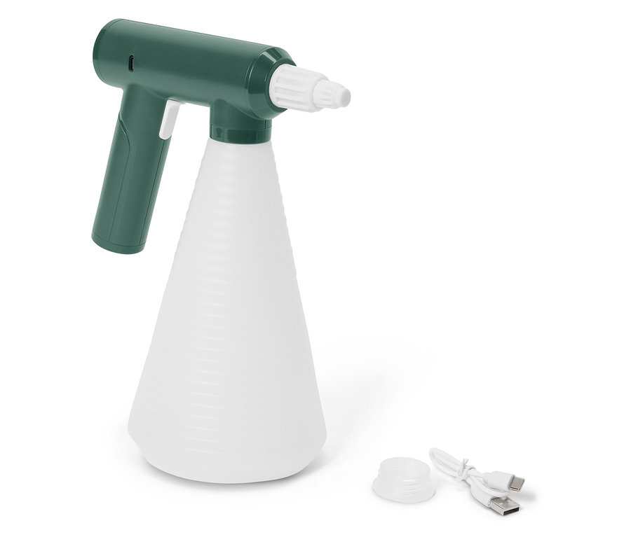 Ein grünes und weißes Sprühgerät mit einem USB-Kabel liegt auf einem weißen Hintergrund.