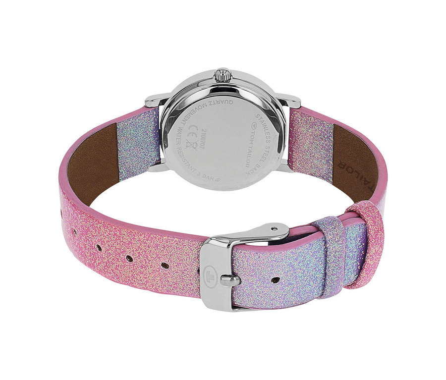 Rückseite einer Uhr mit glitzerndem, rosa-lila Armband und silberfarbener Schließe.