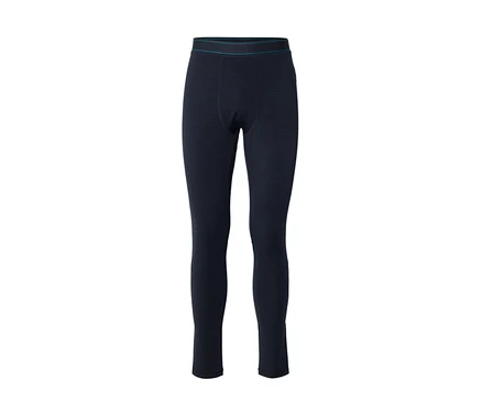 Dunkelblaue Leggings mit einem dünnen türkisfarbenen Streifen am Bund.