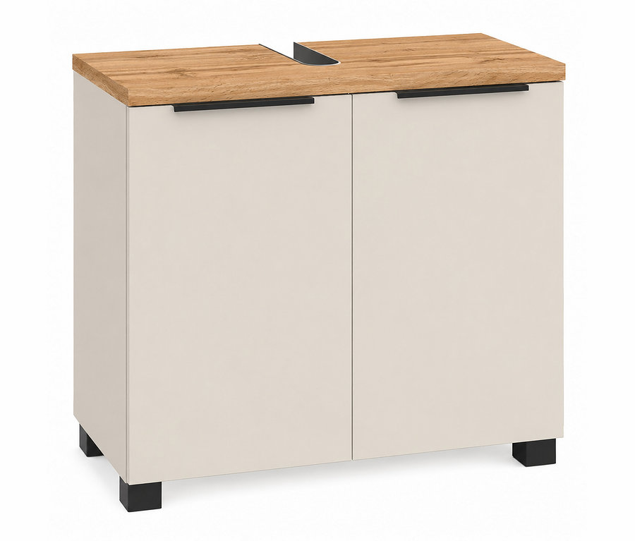 Rechteckiger Schrank mit hellbeigen Türen und einer hellen Holzplatte. Er hat zwei Türen mit schwarzen, horizontalen Griffen. Eine U-förmige Aussparung ist in der Mitte der Holzplatte sichtbar. Der Schrank steht auf vier kurzen, schwarzen, quadratischen Füßen.