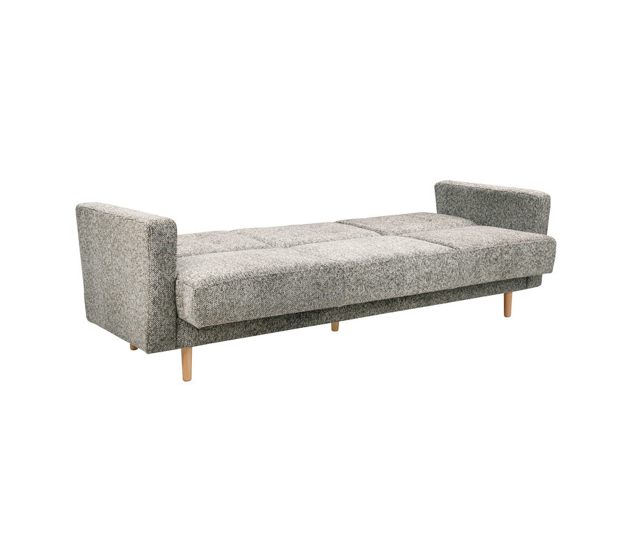 Taupefarbenes 3-Sitzer Schlafsofa Janny mit niedrigen Armlehnen und Holzfüßen.