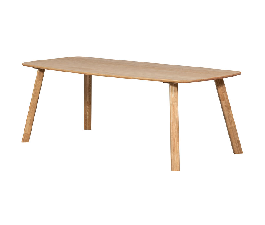 Rechteckiger Tisch aus hellem Holz mit abgerundeten Ecken und vier schräg gestellten Beinen.