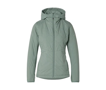 Hellgrüne Steppjacke mit Kapuze und durchgehendem Reißverschluss.