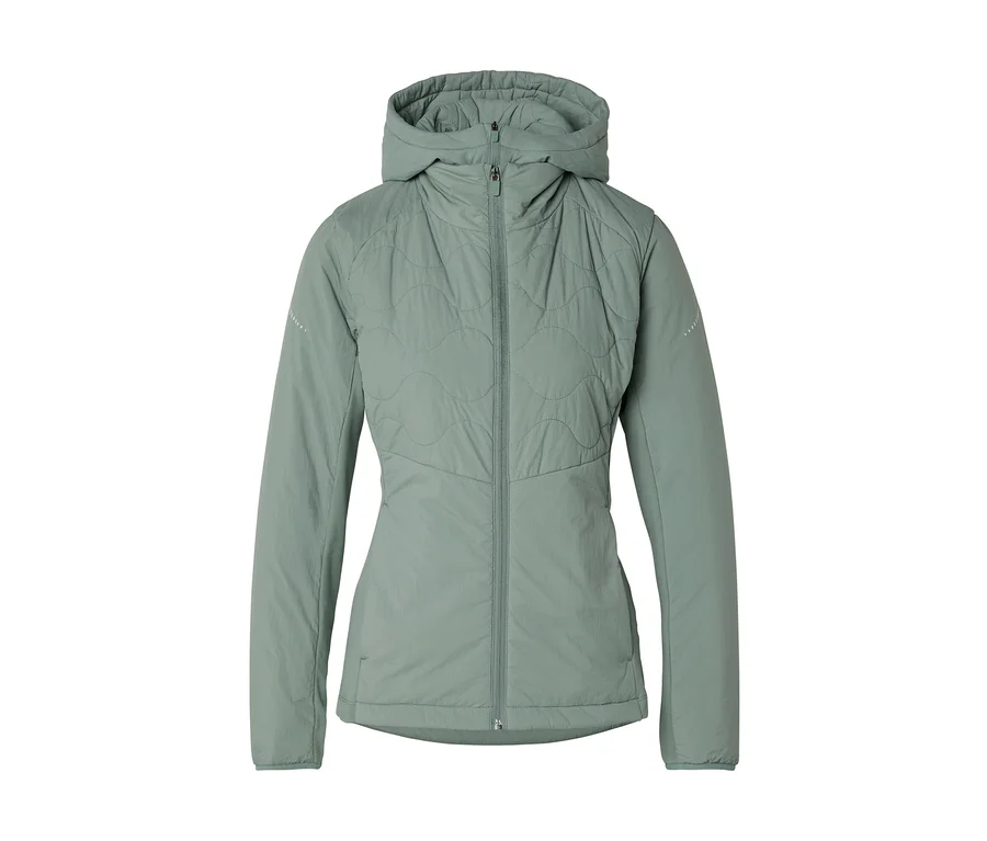 Hellgrüne Steppjacke mit Kapuze und durchgehendem Reißverschluss.