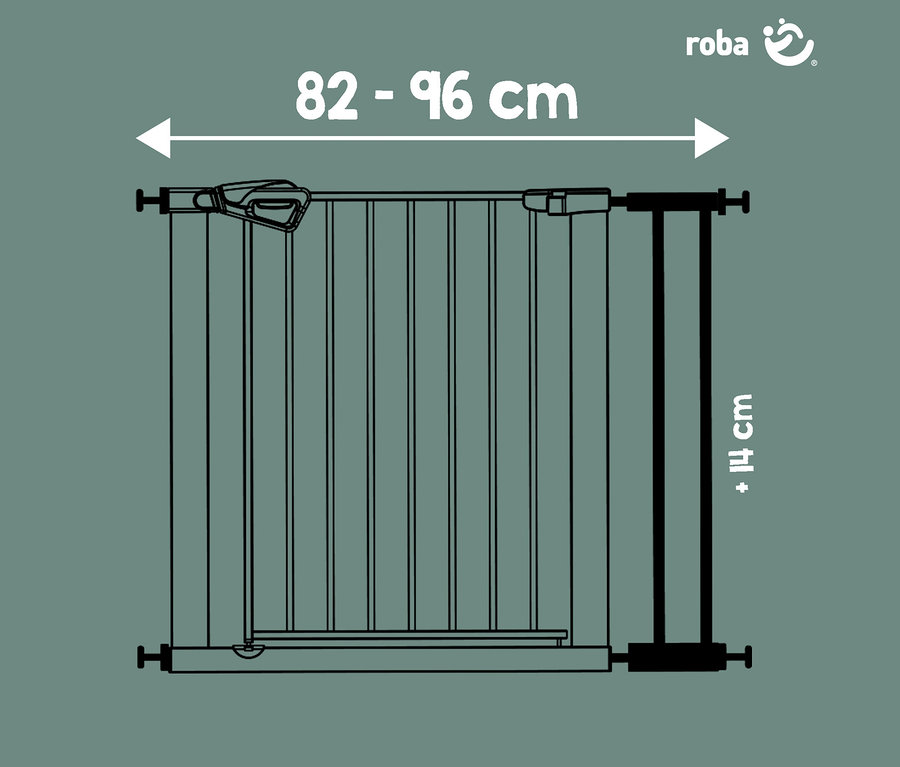 Strichzeichnung eines roba Baby-Schutzgitters mit vertikalen Stäben und einem Verschluss. Das Gitter ist 82-96 cm breit, mit einer optionalen +14 cm Verlängerung.