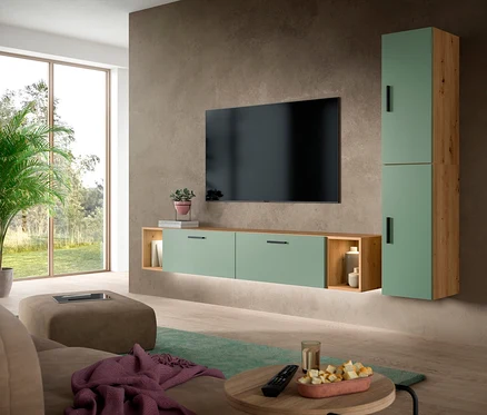 Modernes Wohnzimmer mit der grünen und holzfarbenen xonox Wohnkombination »Only« inklusive Beleuchtung, einem großen Fernseher, Sofa und Couchtisch.