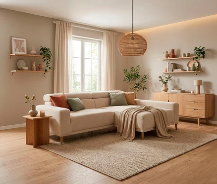Ein gemütliches Wohnzimmer mit einem beigen L-förmigen Sofa, Zierkissen und einer Decke. Ein heller Teppich liegt auf dem Holzboden. Holzregale an den Wänden zeigen Pflanzen, Vasen und Bücher. Ein Sideboard und ein Beistelltisch aus Holz sowie eine geflochtene Pendelleuchte ergänzen den Raum.
