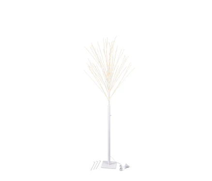 Ein weißer dekorativer Baum mit LED-Lichtern auf weißem Hintergrund.