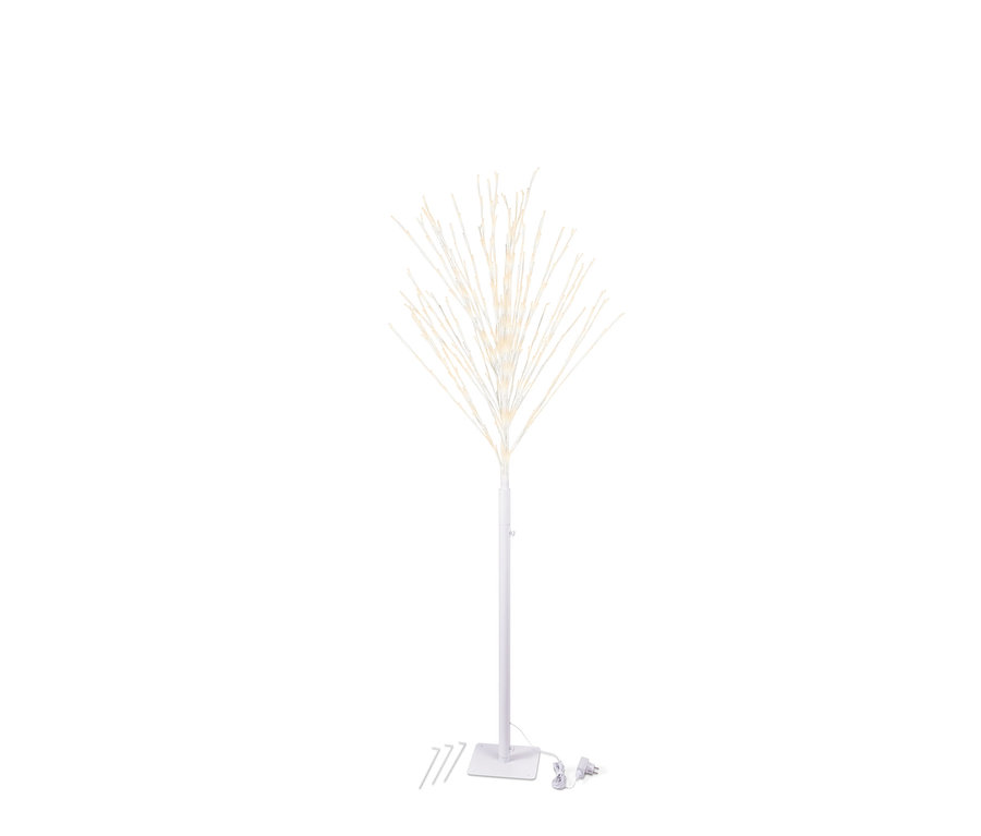 Ein weißer dekorativer Baum mit LED-Lichtern auf weißem Hintergrund.