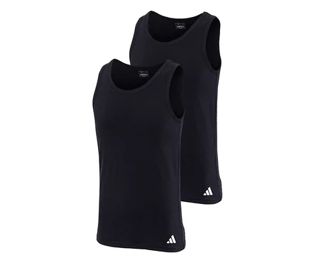 Zwei schwarze adidas Active Flex Tanktops, eines leicht vor dem anderen, beide mit weißem adidas Logo am unteren Saum.