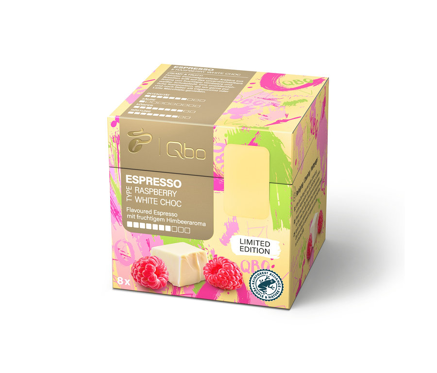 Eine Packung ISCC RA Qbo Flav.Sel.Sommer2025 24cupx50 mit Himbeeren und weißer Schokolade.