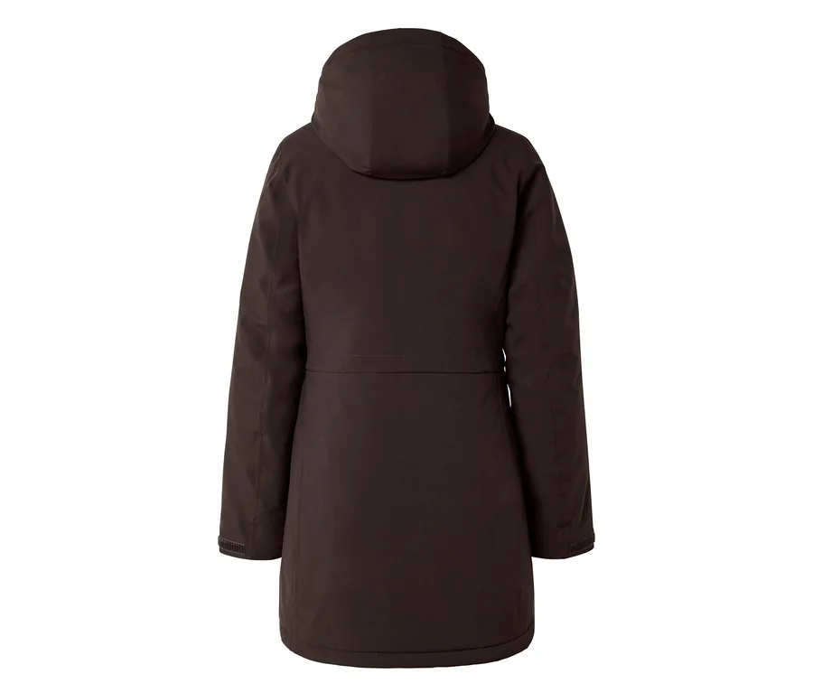 Rückansicht einer dunkelbraunen langen Jacke mit Kapuze.