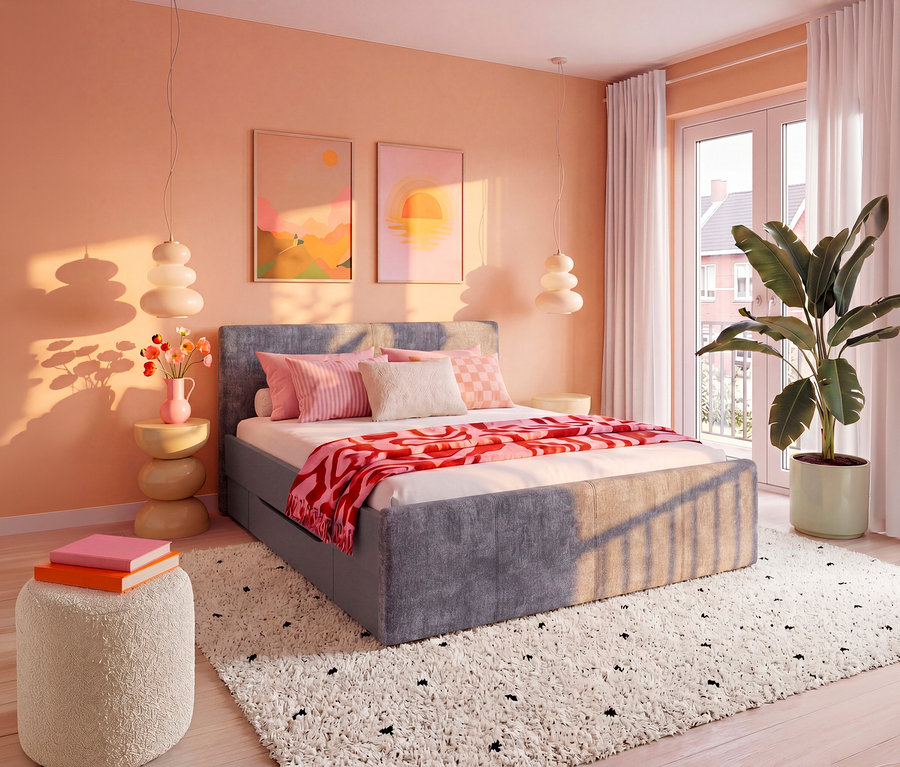 Ein Schlafzimmer mit einem grauen rauch Bett »Holga« mit Schubladen, rosa Kissen und einer rot-rosa Decke. Ein weißer Teppich, ein Beistelltisch mit Blumen, zwei Wandbilder und eine große Pflanze stehen im Raum. Sonnenlicht fällt durch ein Fenster herein.