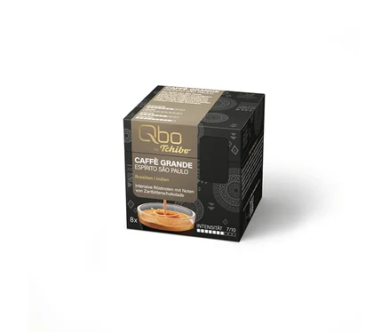 Eine Packung Qbo Caffè Grande Espírito São Paulo Kaffeekapseln ist zu sehen. Auf der Packung ist eine Tasse Kaffee abgebildet.