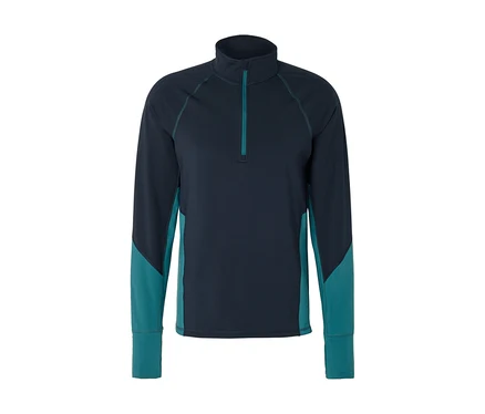 Dunkelblaues Langarmshirt mit Stehkragen und kurzem türkisfarbenem Reißverschluss, mit türkisfarbenen Einsätzen an den Seiten und unteren Ärmeln.