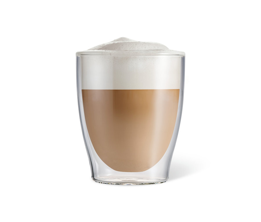 Ein Caffè Crema mit Schaum in einem doppelwandigen Glas.
