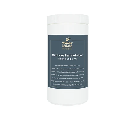 Weiße Dose mit dem Etikett des Produkts Milchsystemreiniger Tablette 12g x100.