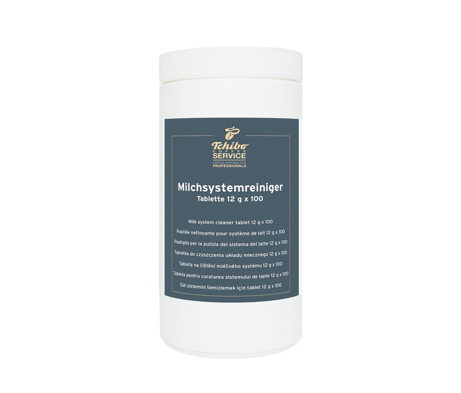 Weiße Dose mit dem Etikett des Produkts Milchsystemreiniger Tablette 12g x100.