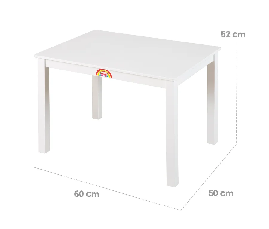 Weißer rechteckiger Tisch mit Play-Doh-Logo, Maße 52 cm hoch, 60 cm breit und 50 cm tief.