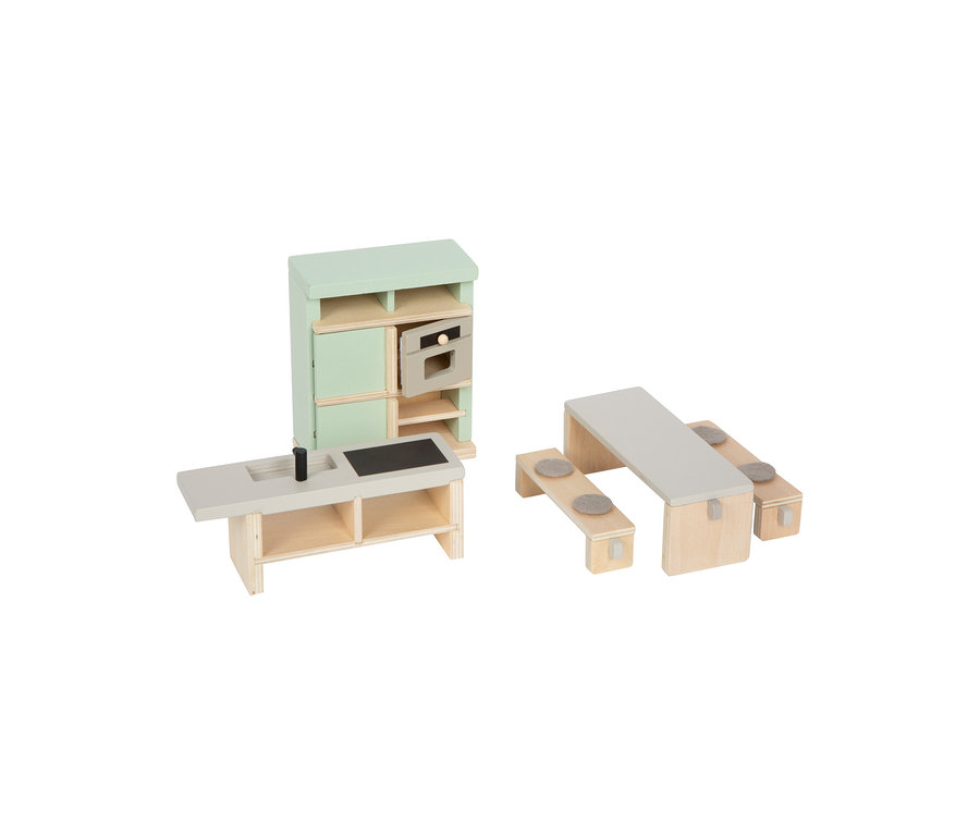 small foot Puppenhausmöbel-Set: Eine Spielküche mit hellgrünem Schrank, offenem Ofen und Arbeitsplatte mit Spüle und Herd, sowie ein hellgrauer Picknicktisch mit zwei Bänken und grauen Filzauflagen.