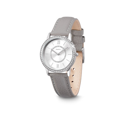 Damenuhr mit Lederarmband auf weißem Hintergrund.
